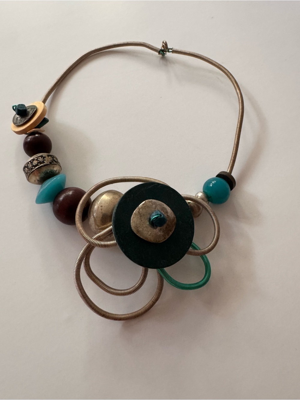 Sculptural Wire Statement Necklace Turquoise Mixed Media 16.5”